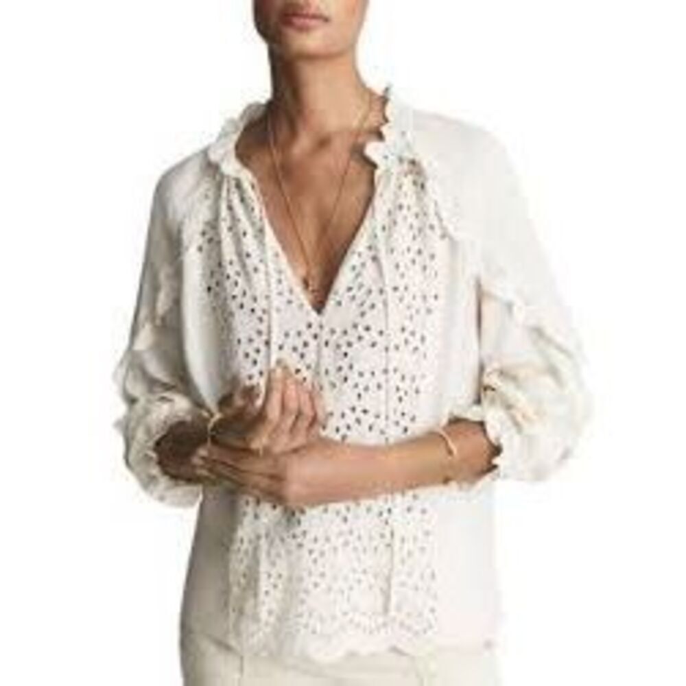 Reiss Eyelet Lace Blouse Womens US 6 Ivory Boho Peasant Top Tie Neck Long Sleeve